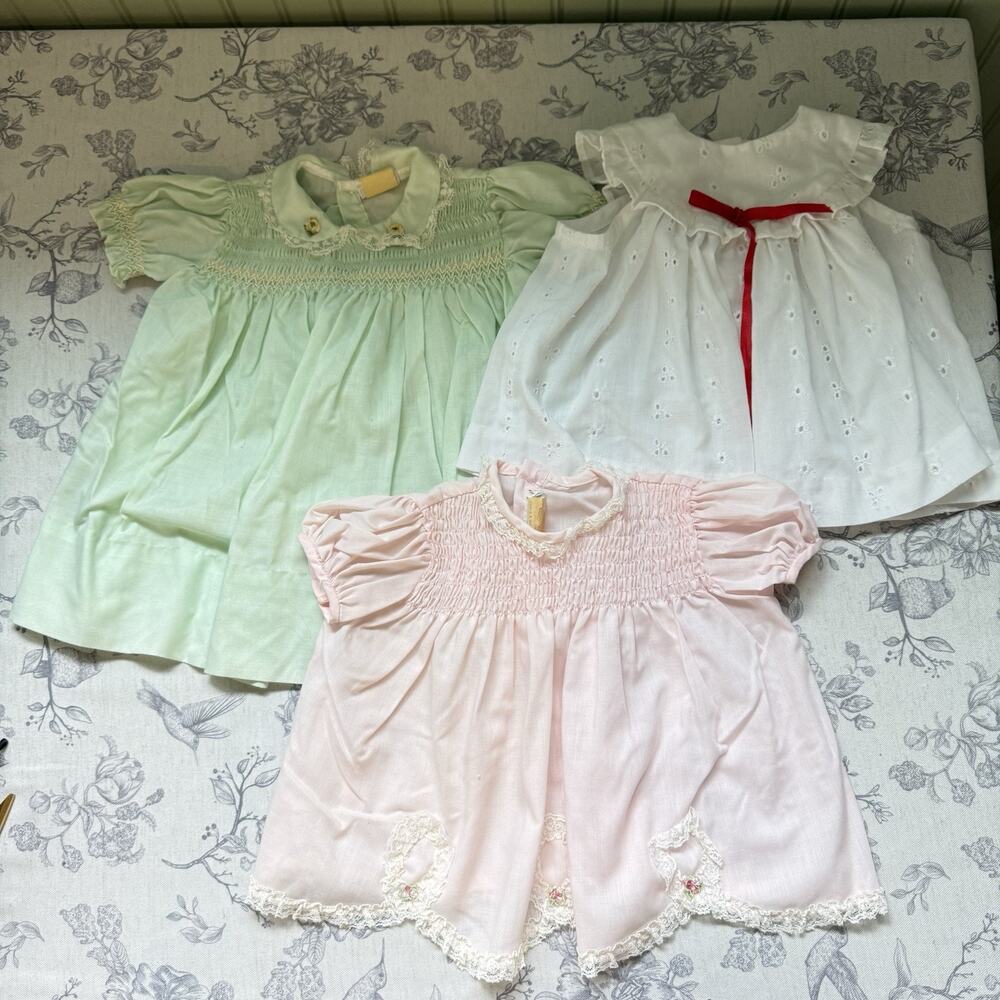 VTG White Pink Green Dress Lot 70s Baby Girl 24 Months 2T Smocked Lace Collar